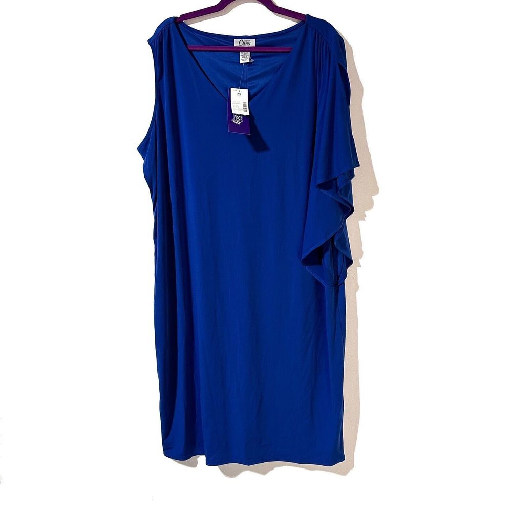 Catherines Curvy Collection Dress Size 2X 22 /,24W Asymmetrical Sleeve Blue NWT